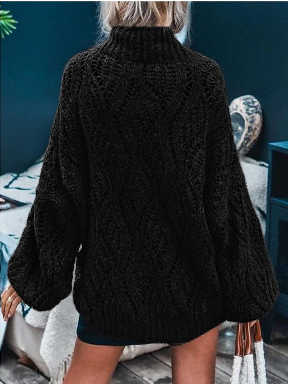 NWT Oversized Pullover Crochet Lantern Long Sleeve Mock Neck Casual Loose Tops M